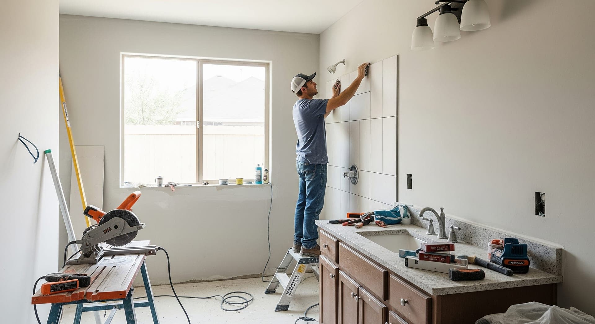 Professional tiling a bathroom floor during a home renovation